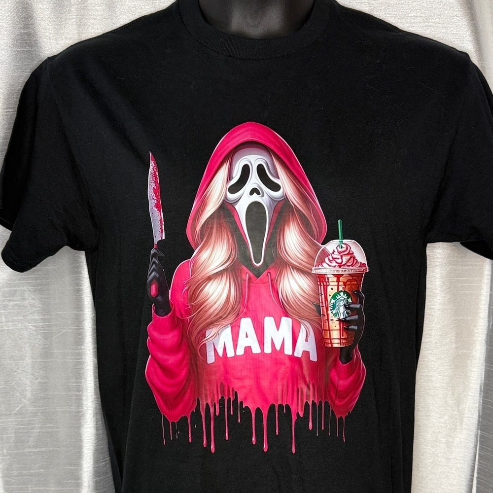 Ghost Face Mama Drinking Coffee Halloween Black T Blonde Women’s M Gildan - Picture 2 of 8